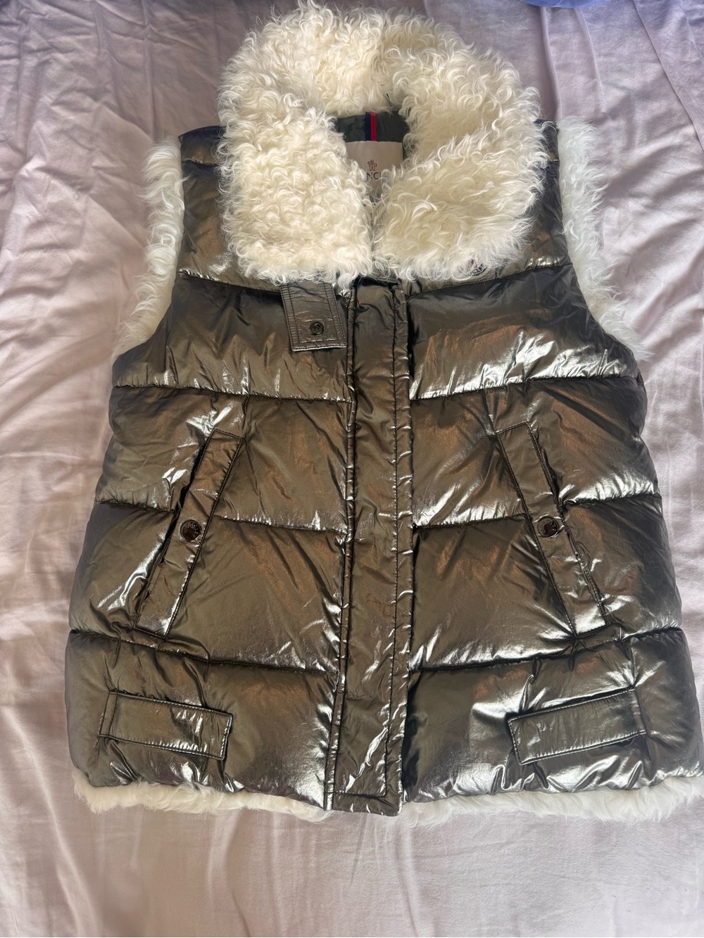Moncler Metallic Silver Puffer Vest with White Faux Fur Trim